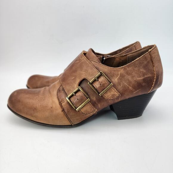 BOC Born Monkstrap Ankle Booties Size 9M Brown Leather Stacked Cone Heel Y2K - Picture 3 of 8